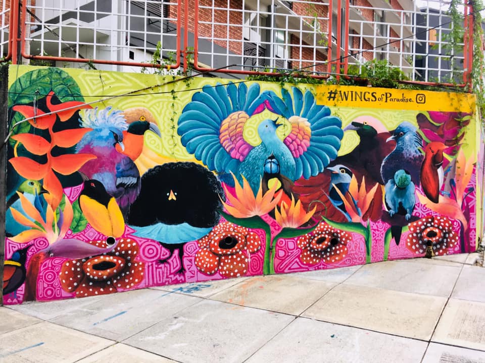 Colorful street-art mural of birds, flowers, and tropical foliage